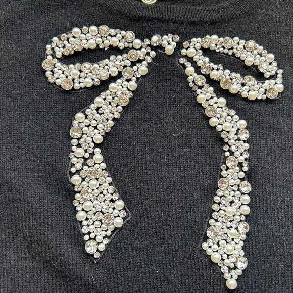 New W/tag Black Rhinestone Bow Cashmere Sweater L - Picture 2 of 3